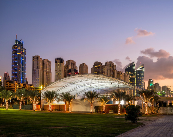 Xl club in habtoor resort, Dubai covered by retractable curved roof pergola by Palmiye